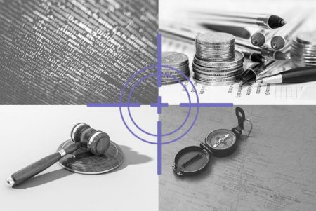 split image of code, money, a gavel and a compass