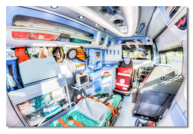 inside an ambulance with fish lens effect