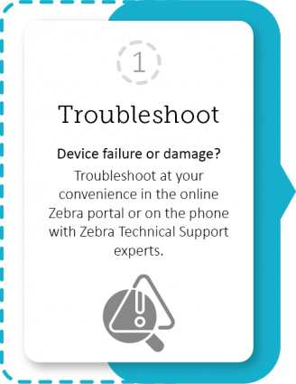 Step 1 Troubleshoot. Device failure or damage? Troubleshoot at your convenience in the online Zebra portal or on the phone with Zebra Technical Support experts